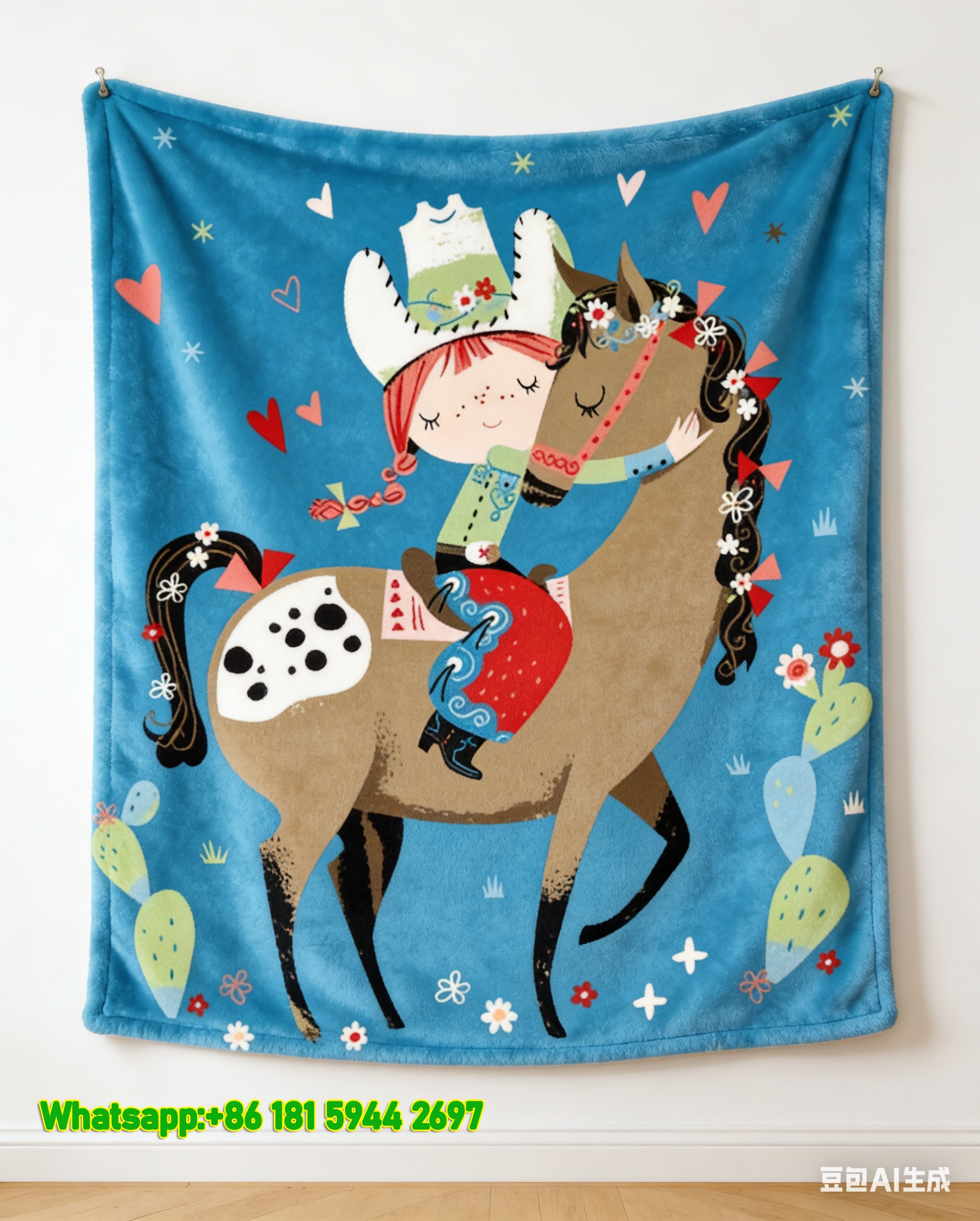 Hermes Whimsical Cowgirl & Spotted Horse Flannel Sofa Throw Blanket IMG_5439